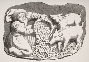 Reproduction of a 15th century wood carving on a stall in Rouen cathedral representing the proverb 